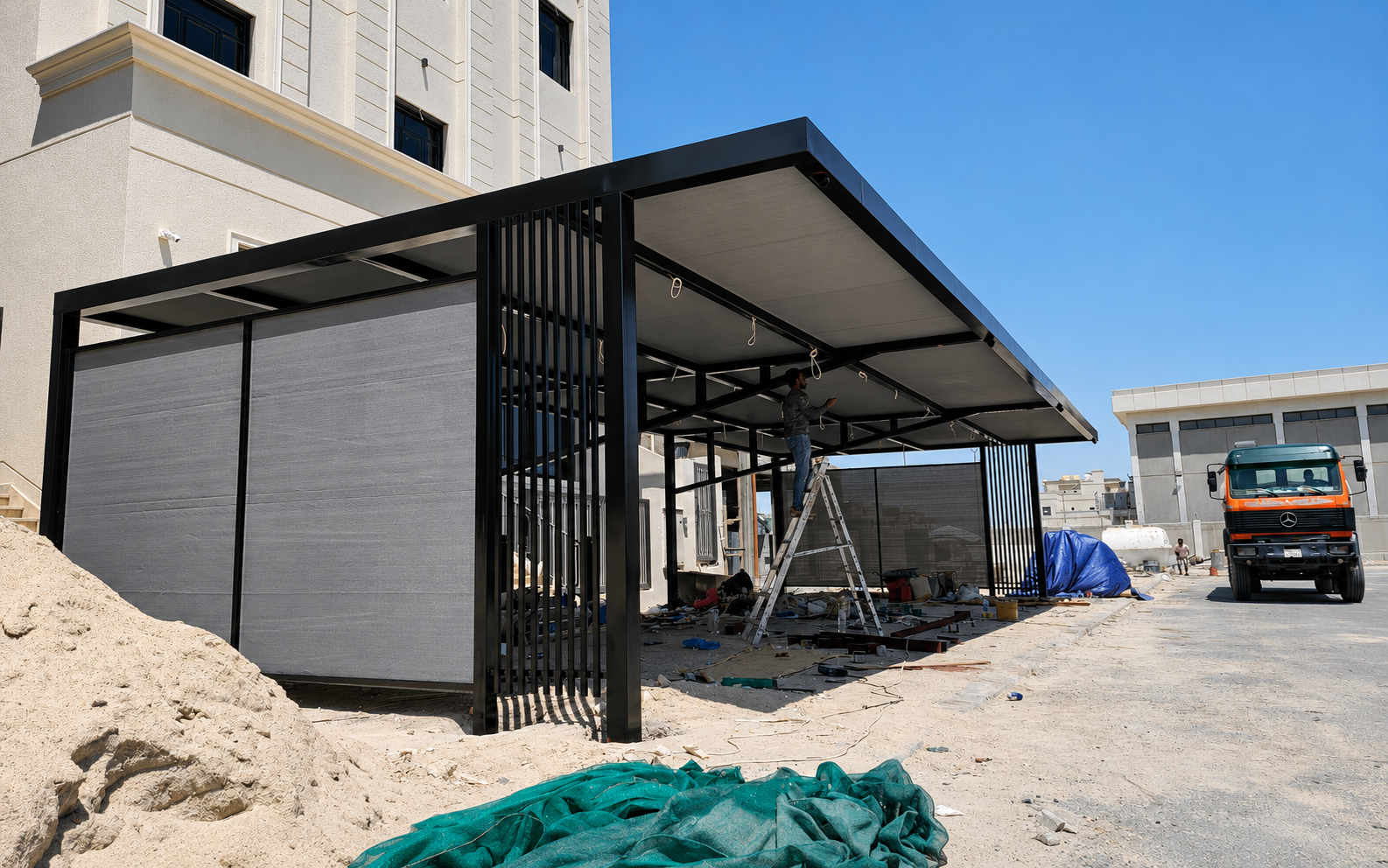 حداد مظلات الكويت - Haddad Muzallat Kuwait - مظلة سيارات معدنية بحواجز خصوصية قيد التركيب - Metal Carport with Privacy Screens Under Installation